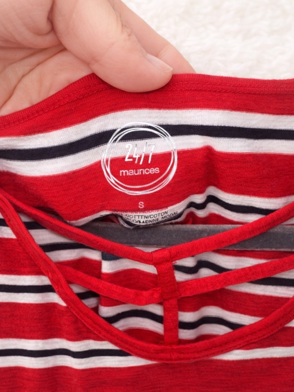 Maurices 24/7 Striped Crisscross Neck Top Red White Black Size S - Picture 4 of 4